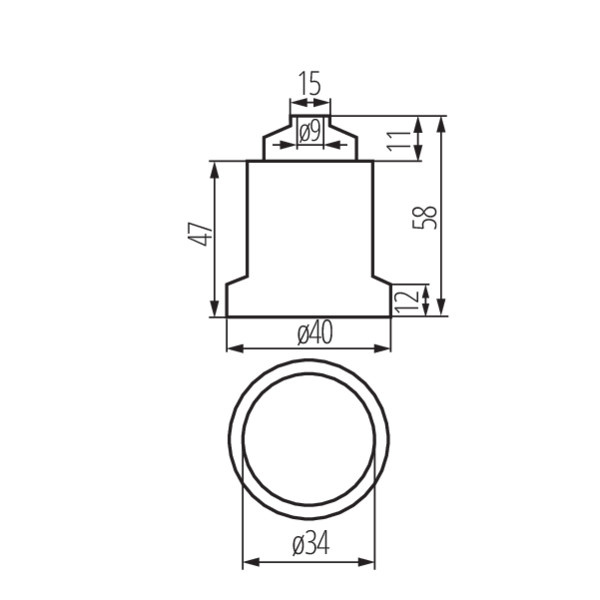 Technische tekening E27 keramische fitting met achterzijde bevestiging en maten