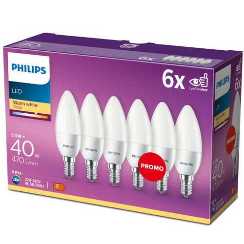 6x Philips E14 kaarslamp 5.5W Warmwit-0 6x Philips E14 kaarslamp 5.5W Warmwit-0