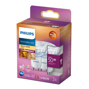 Twee Philips GU10 WarmGlow LED spots, warmwit licht