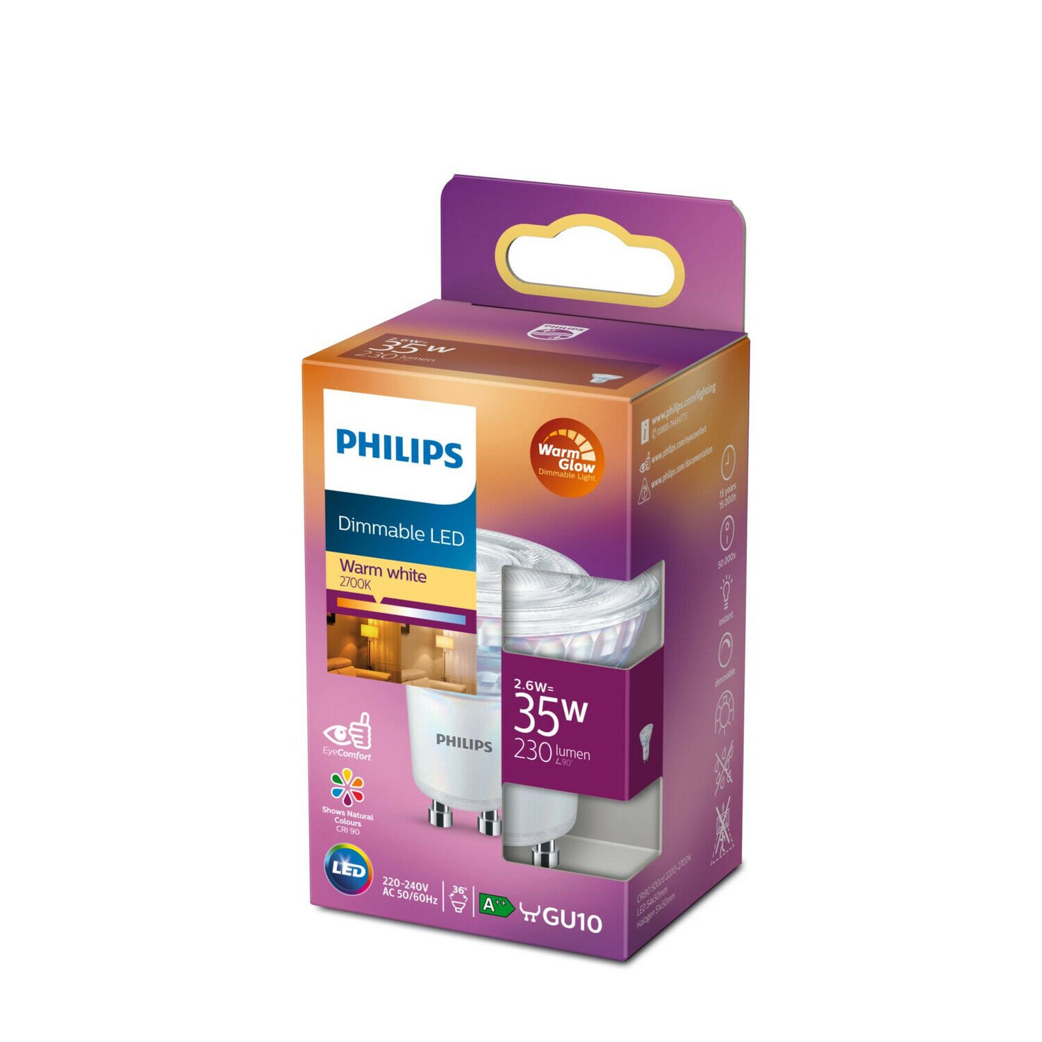 Philips WarmGlow GU10 spot 2.6W Warmwit 36° Dimbaar-0 Philips WarmGlow GU10 spot 2.6W Warmwit 36° Dimbaar-0