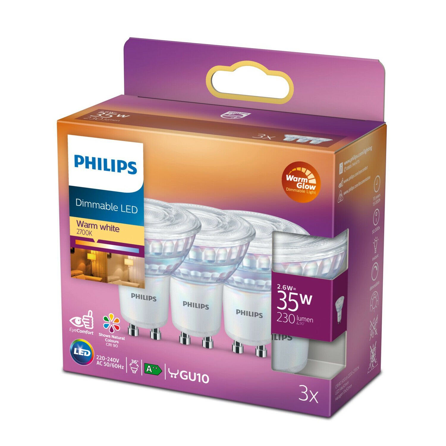 3x Philips WarmGlow GU10 spot 2.6W Warm Wit 36° Dimbaar-0 3x Philips WarmGlow GU10 spot 2.6W Warm Wit 36° Dimbaar-0