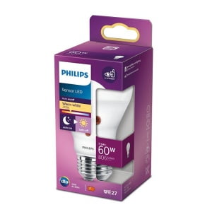 Philips E27 Peerlamp 7.5W Warmwit Opaal Met Dag/Nacht Sensor Packaging