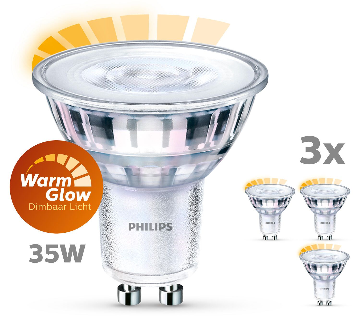 3x Philips WarmGlow GU10 spot 2.6W Warm Wit 36° Dimbaar-26569 3x Philips WarmGlow GU10 spot 2.6W Warm Wit 36° Dimbaar-26569
