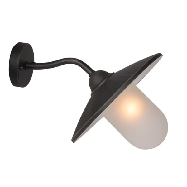 Buitenwandlamp roestkleur met scheve kap en matglazen cilinderkap