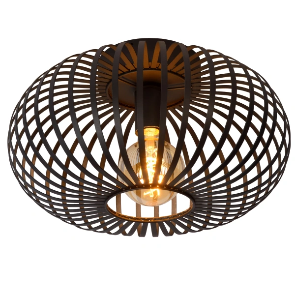 Zwarte metalen plafondlamp met opengewerkt design en zichtbare E27 fitting