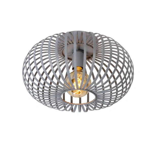 Grijze metalen plafondlamp met opengewerkte kap en zichtbare E27 fitting