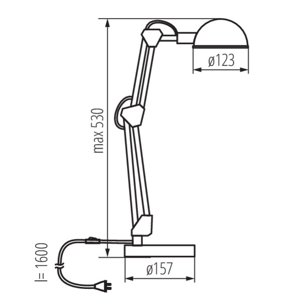 Kanlux PIXA bureaulamp zwart maattekening met hoogte en diameterafmetingen