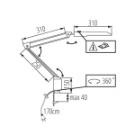 Kanlux Heron bureaulamp wit 5W koelwit maattekening met afmetingen en draaibereik