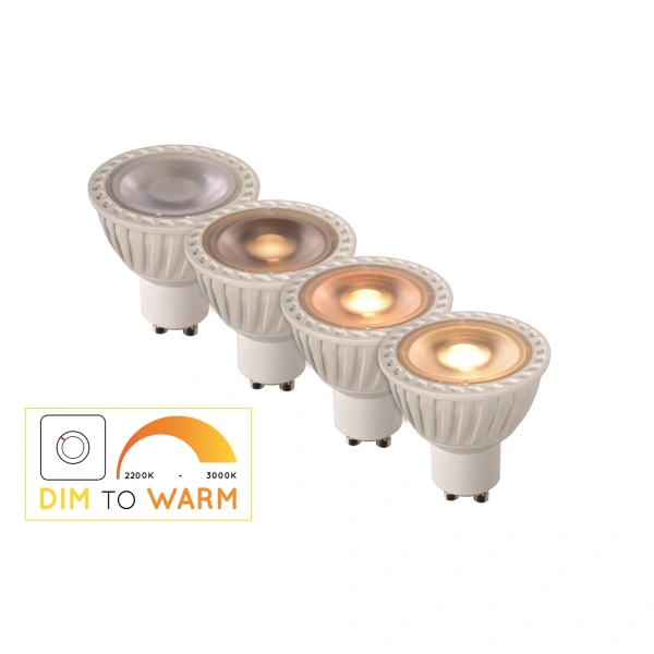 Lucide GU10 spot wit 5W dim to warm verschillende lichttinten zichtbaar