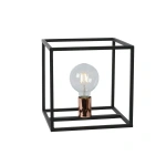 Zwarte vierkante tafellamp met open metalen frame en E27 fitting
