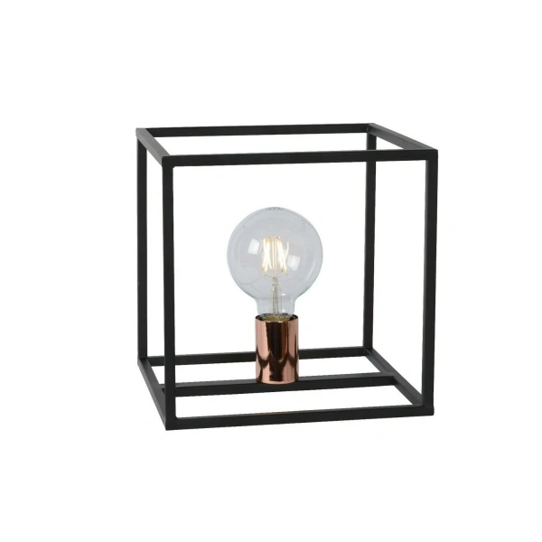 Zwarte vierkante tafellamp met open metalen frame en E27 fitting