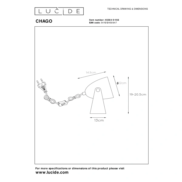 Lucide CHAGO roze tafellamp maattekening met afmetingen in centimeters