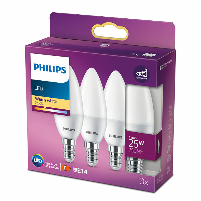 3x Philips E14 Kaarslamp 2,8W Warm Wit -0 3x Philips E14 Kaarslamp 2,8W Warm Wit -0