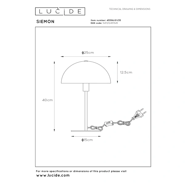 Lucide SIEMON tafellamp blauw maattekening met afmetingen Ø25 cm en 40 cm