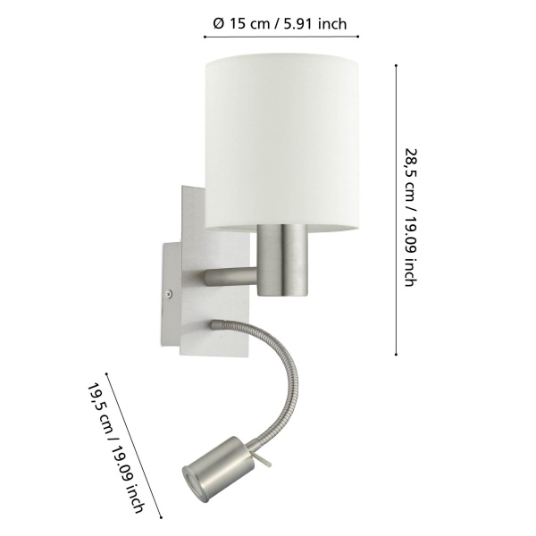 Eglo Pasteri wandlamp warm wit met verstelbare leesarm maattekening