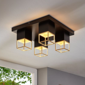 Zwarte en gouden plafondlamp met vierkante lichtframes en warm wit licht