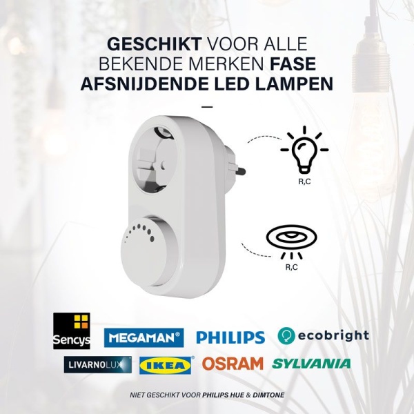 Witte stekkerdimmer voor LED lampen met ronde draaiknop 0-100W