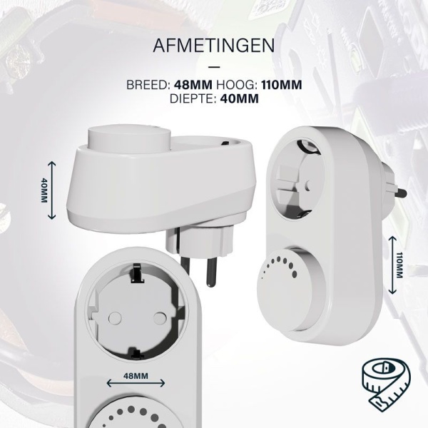 Stekkerdimmer wit met draaiknop en stopcontact maatvoering 110x48x40mm