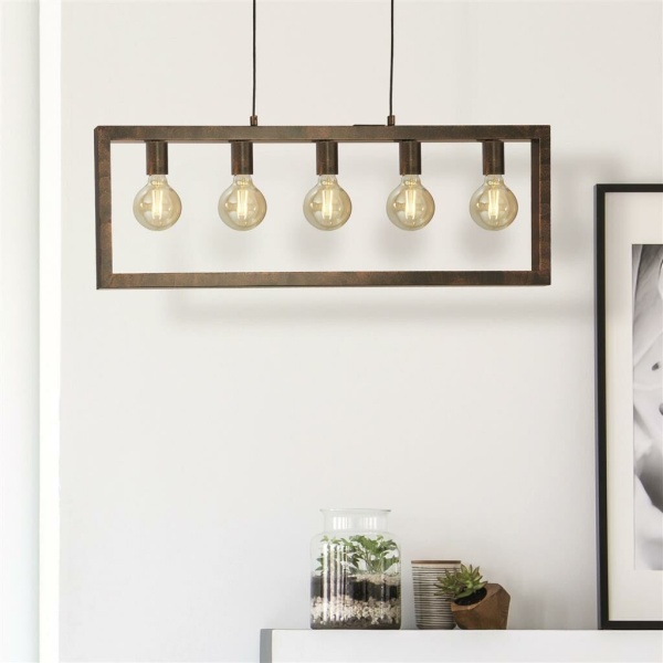 Searchlight OBLONG Hanglamp 5 Lichts Rustiek Bruin Sfeer Searchlight OBLONG Hanglamp 5 Lichts Rustiek Bruin Sfeer
