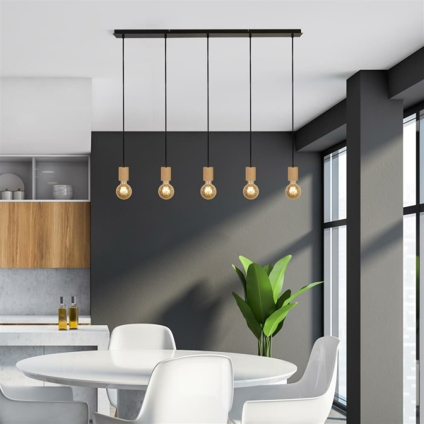 Searchlight SPINNY Pendel Hanglamp 5 Lichts Hout Zwart Sfeer