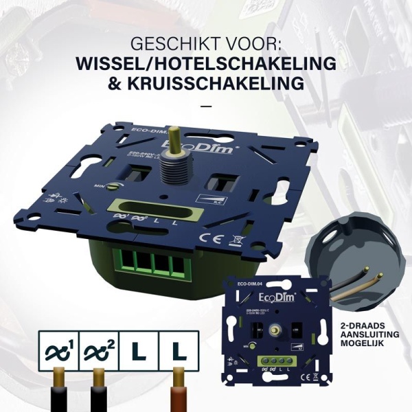 Inbouw LED dimmer EcoDim zwart met aansluitingen en draadaanduiding