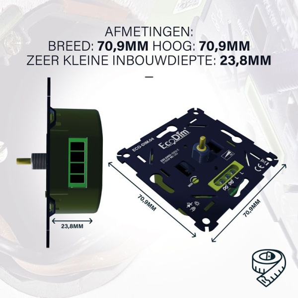 LED dimmer inbouw EcoDim met maattekening 70,9 x 70,9 x 23,8 mm