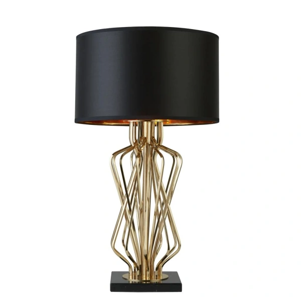 eu4110go_1 Gouden tafellamp met zwarte kap en glanzend metalen frame