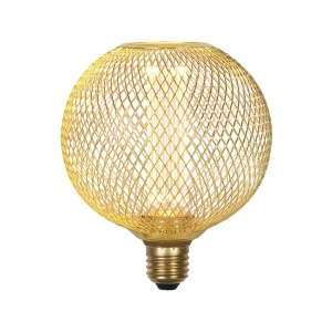 Gouden E27 globe ledlamp met draadmesh en dimbaar flame lichteffect