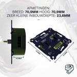 LED inbouwdimmer EcoDim03 met maattekening 70,9 x 70,9 x 23,8 mm