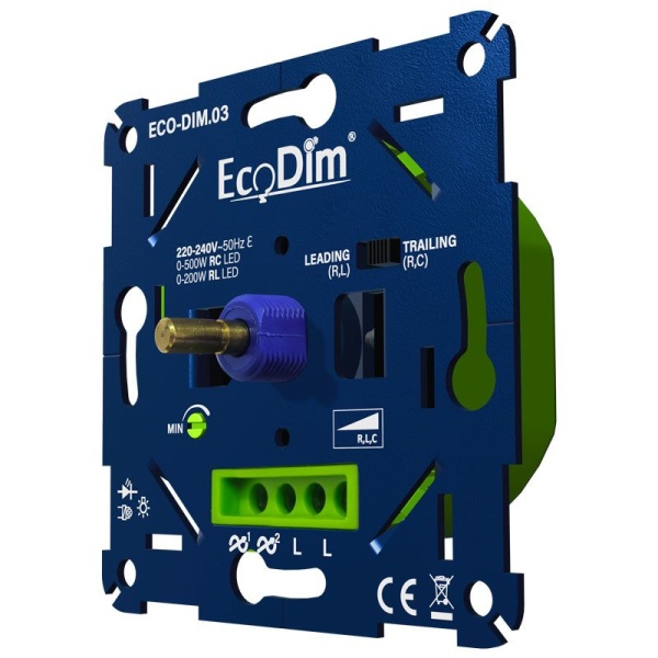 ecodim03-zijkant_1 Inbouw LED dimmer blauw met groene aansluitklem en draaiknop