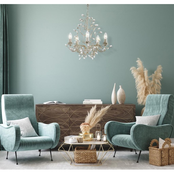 Searchlight ALAMANDITE Kroonluchter 5 Lichts Creme Goud Glas-31133