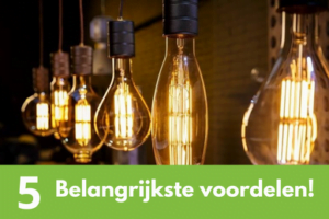 Gloeilampen met warm licht in industriële setting en groene voordelen tekst