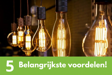 Gloeilampen met warm licht in industriële setting en groene voordelen tekst