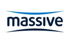 Massive logo met blauwe letters en gebogen lijnen erboven en eronder