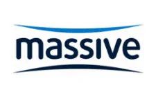 Massive logo met blauwe letters en gebogen lijnen erboven en eronder