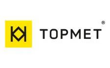 TOPMET logo zwart op wit met geel vlak en zwart symbool