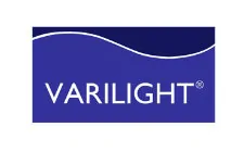 VARILIGHT logo met blauwe achtergrond en witte golvende lijn