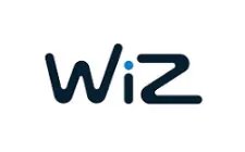 Wiz logo in zwarte letters met blauwe stip op de i