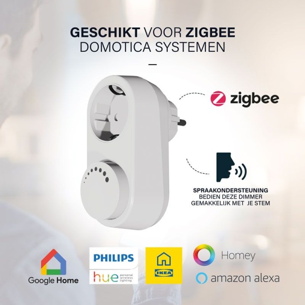 Witte Zigbee stekkerdimmer met draaiknop geschikt voor LED verlichting