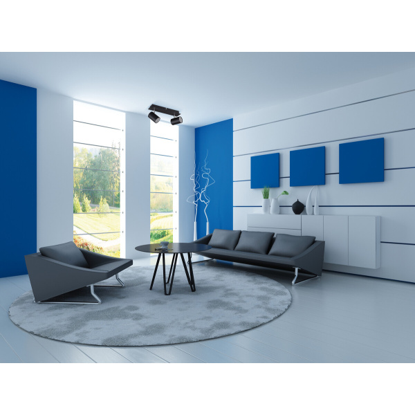 Zwarte plafondspotlamp met twee richtbare lichtpunten in moderne woonkamer.