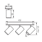 Technische tekening Kanlux EVALO plafondlamp 3 spots met afmetingen.