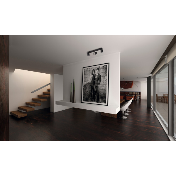 Plafondspot zwart met drie richtbare lampen in moderne woonkamer.