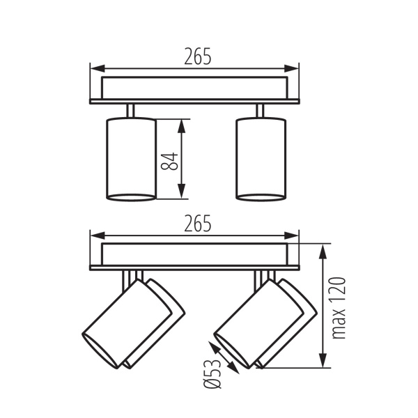 Technische tekening van Kanlux EVALO plafondlamp twee spots met afmetingen.