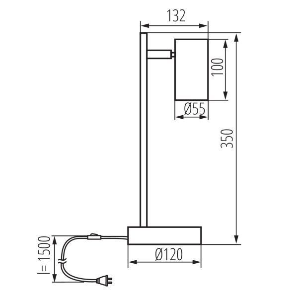 Technische tekening van een bureaulamp met aangegeven afmetingen en snoer.