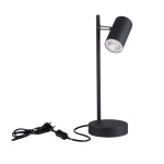 Zwarte metalen bureaulamp met ronde voet en verstelbare cilindervormige spot.