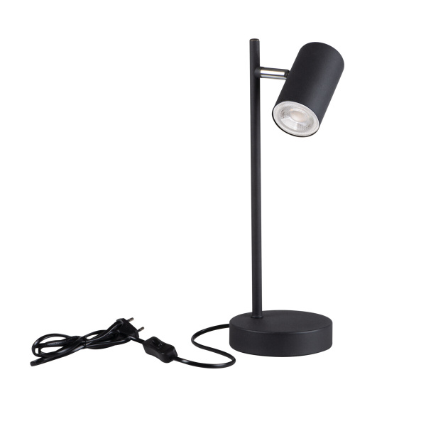 Zwarte metalen bureaulamp met ronde voet en verstelbare cilindervormige spot.