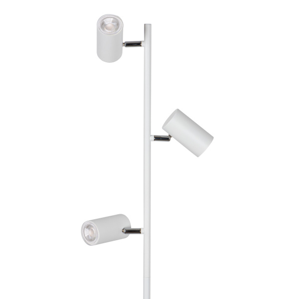 Witte vloerlamp met drie verstelbare cilindervormige spots.