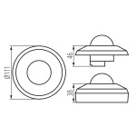 Technische tekening Kanlux SENTO bewegingssensor met diameter en hoogte maten.