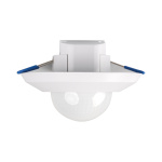 Witte inbouw bewegingssensor met ronde PIR lens en veerklemmen.