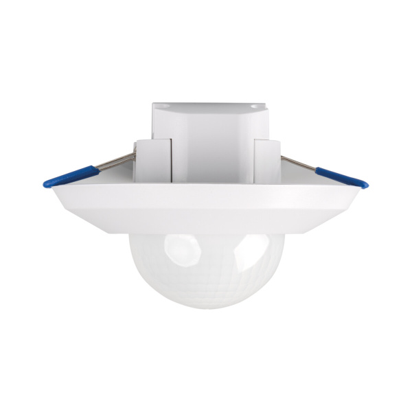 Witte inbouw bewegingssensor met ronde PIR lens en veerklemmen.